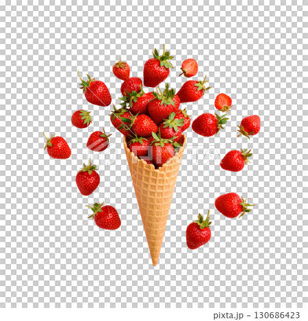 Fresh ripe red strawberries and berries in a bowl with cream. Sweet and healthy summer fruit dessert isolated on white background. 130686423