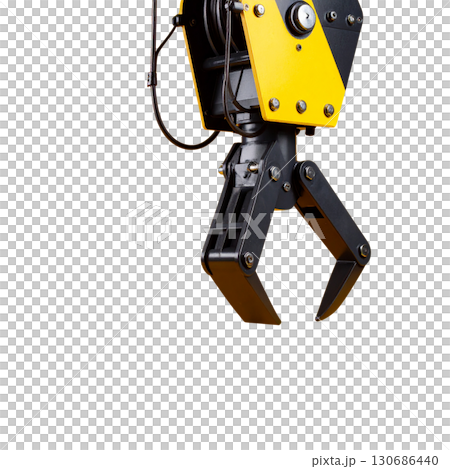 Yellow industrial crane hook for heavy lifting on a white background Yellow industrial crane hook for heavy lifting on a white background 130686440