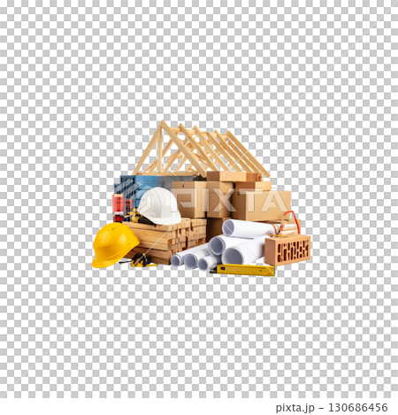 Detached 3D model of a house made of building blocks, representing a residential construction project concept on a white background. 130686456