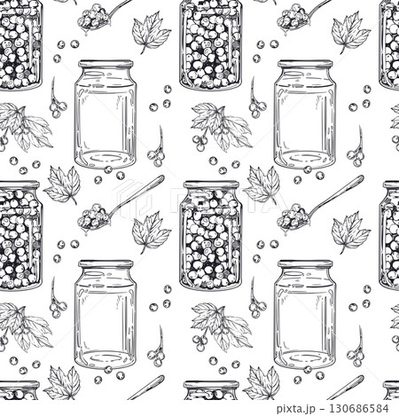 Seamless vector pattern from blanks, jam in jars, viburnum berries, leaves, spoons with jam. All objects are hand-drawn with ink. Illustration is suitable for printing on paper, for design. 130686584