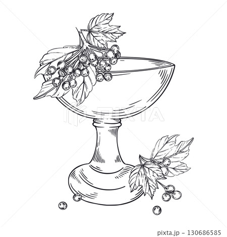 A bowl for jam, a bowl for homemade jam and marmalade with viburnum berries. All objects are hand-drawn with ink. For printing on fabric, paper, for decorating the packaging of goods. 130686585