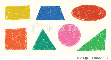 Colored geometric shapes. Square and circle crayon pencil figures. Vector pastel triangle with chalk texture. Kids hand drawn cartoon rectangle Colored geometric shapes. Square and circle crayon pencil figures. Vector pastel triangle with chalk texture. Kids hand drawn cartoon rectangle 130686695