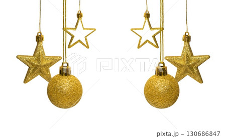 Set of golden decoration Christmas balls, star, collection hanging isolated on white background 130686847