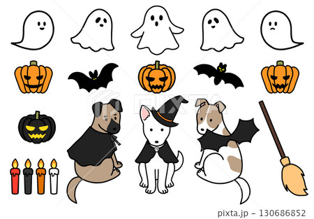 ハロウィンコスプレをした犬とハロウィンアイテム 130686852
