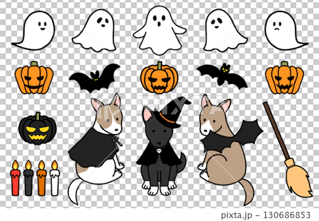 ハロウィンコスプレをした犬とハロウィンアイテム 130686853