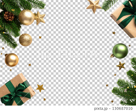 Colorful Christmas tree branches decorated with holiday ornaments and sparkling balls isolated on white background. 130687010