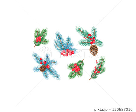 Colorful Christmas tree branches decorated with holiday ornaments and sparkling balls isolated on white background. 130687016