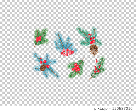 Colorful Christmas tree branches decorated with holiday ornaments and sparkling balls isolated on white background. 130687016