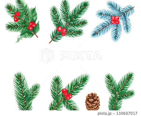 Colorful Christmas tree branches decorated with holiday ornaments and sparkling balls isolated on white background. Colorful Christmas tree branches decorated with holiday ornaments and sparkling balls isolated on white background. 130687017