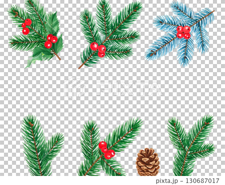 Colorful Christmas tree branches decorated with holiday ornaments and sparkling balls isolated on white background. Colorful Christmas tree branches decorated with holiday ornaments and sparkling balls isolated on white background. 130687017