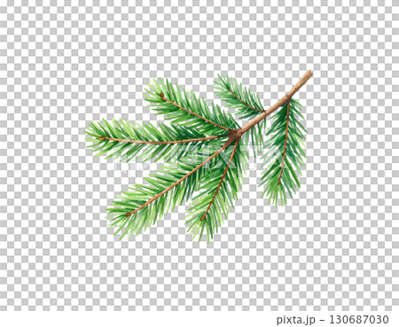 Colorful Christmas tree branches decorated with holiday ornaments and sparkling balls isolated on white background. 130687030