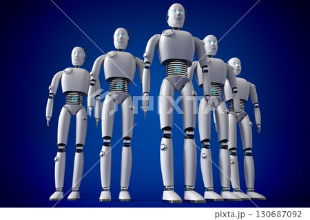 Five humanoid robots - 3D illustration 130687092