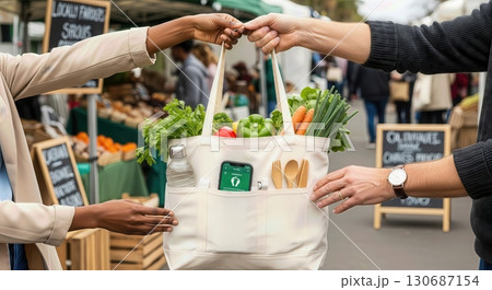 Woman with Canvas Tote Bag Full of Fresh Produce at a Farmers Market Promoting Sustainable Shopping Woman with Canvas Tote Bag Full of Fresh Produce at a Farmers Market Promoting Sustainable Shopping 130687154