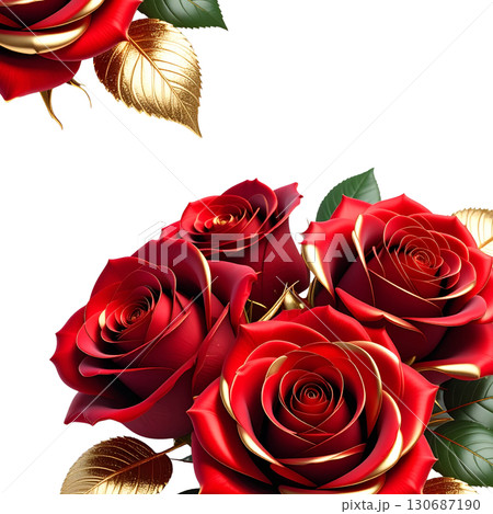 A bouquet of bright red roses, symbolizing love and romance, beautifully arranged on a white background. 130687190