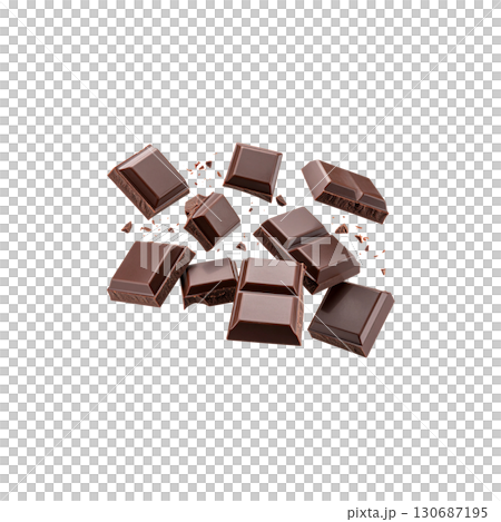 A delectable, isolated chocolate bar with gourmet pieces is a sweet, dark snack on a white background A delectable, isolated chocolate bar with gourmet pieces is a sweet, dark snack on a white background 130687195