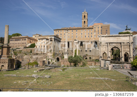 Rome, Italy - August 17, 2019: View of the ancient structures of the Roman Forum Rome, Italy - August 17, 2019: View of the ancient structures of the Roman Forum 130687259