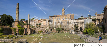 Rome, Italy - August 17, 2019: View of the ancient structures of the Roman Forum, panorama Rome, Italy - August 17, 2019: View of the ancient structures of the Roman Forum, panorama 130687272