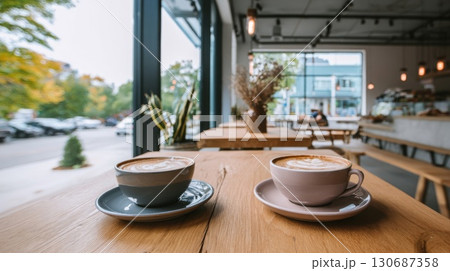 コーヒーカップとおしゃれなカフェ店内 130687358