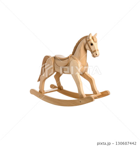 Cute brown vintage wooden rocking horse sits on a white background. 130687442
