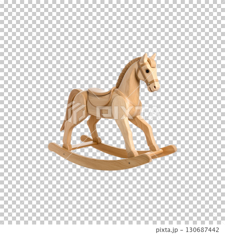 Cute brown vintage wooden rocking horse sits on a white background. 130687442