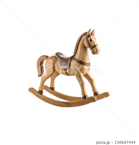 Cute brown vintage wooden rocking horse sits on a white background. 130687444