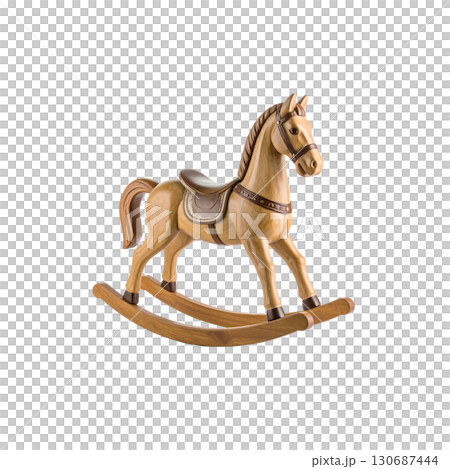 Cute brown vintage wooden rocking horse sits on a white background. 130687444