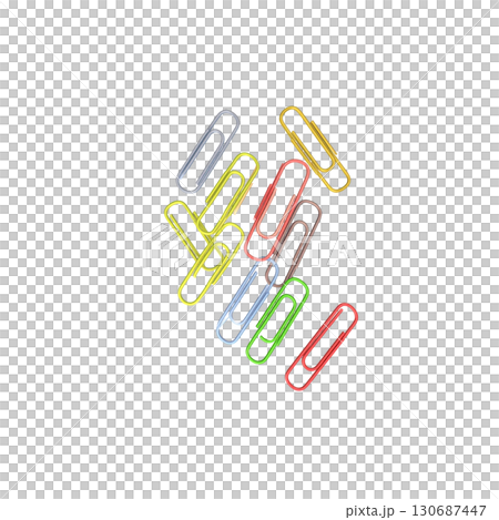 Colorful paper clips arranged in separate groups on a white background. 130687447
