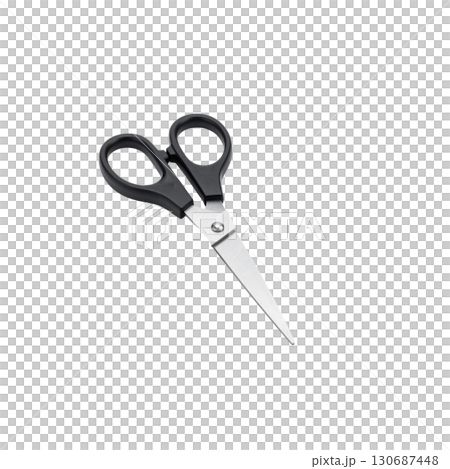 A sharp, stainless steel pair of scissors with black handles is isolated on a white background 130687448