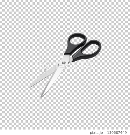A sharp, stainless steel pair of scissors with black handles is isolated on a white background 130687449