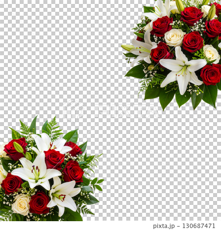 A beautiful bouquet of red roses with holly berries and leaves, perfect for a winter border at Christmas. A beautiful bouquet of red roses with holly berries and leaves, perfect for a winter border at Christmas. 130687471