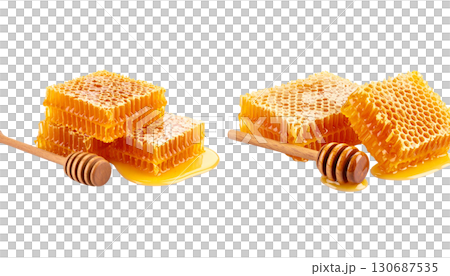 Close-up of golden honey in glass jar and natural honeycomb isolated on white background. 130687535