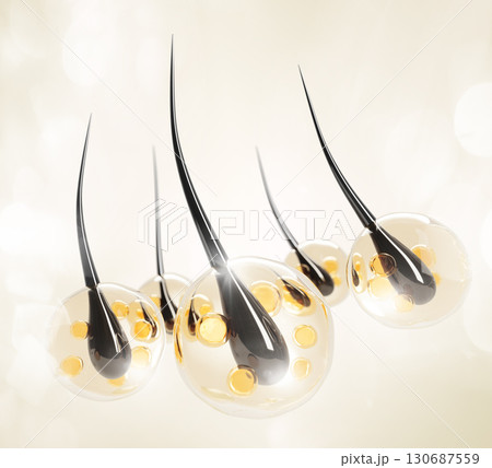 3d hair follicles with keratin shampoo drops, oil bubbles for dry and damage scalp men, women. Treatment and repair, loss protect. Liquid transparent cosmetic care with biotin vitamin. 3D illustration 130687559