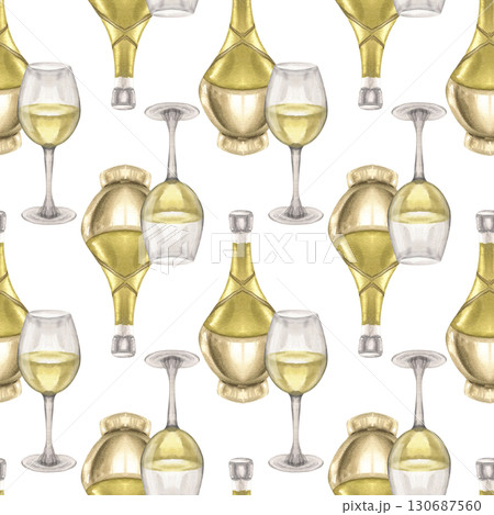 Beverage watercolor seamless pattern with wine bottle and glass illustration. Hand drawn winery background, Italian traditional drink clipart for product packing,wallpaper, textile design 130687560