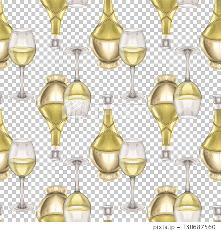 Beverage watercolor seamless pattern with wine bottle and glass illustration. Hand drawn winery background, Italian traditional drink clipart for product packing,wallpaper, textile design 130687560
