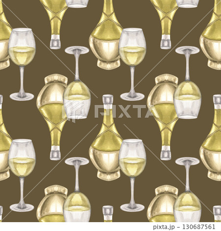 Beverage watercolor seamless pattern on brown with wine bottle and glass illustration. Hand drawn winery background, Italian traditional drink clipart for product packing,wallpaper, textile design 130687561