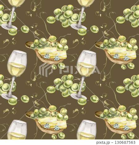 Winery and cheese plate watercolor seamless pattern with wine glass,green grape fruits and cheese pieces illustration. Hand drawn food and drink background for kitchen textile,fabric design 130687563