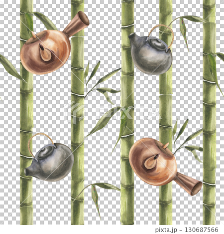 Kitchen textile seamless pattern with watercolor bamboo green sticks and japanese tea pots illustration. Hand drawn oriental floral background with geometric elements, Asian culture clipart 130687566