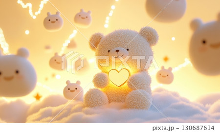 A thoughtful bear holds a glowing heart on a cloud with drifting emoji faces in a peach sky 130687614