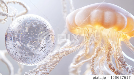 Glowing stylized jellyfish character beside a suspended transparent data sphere in a futuristic abstract composition 130687617
