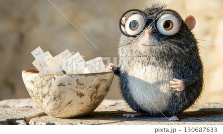 A warm-eyed mole character wearing glasses beside a ceramic bowl of folded encouragement notes 130687633