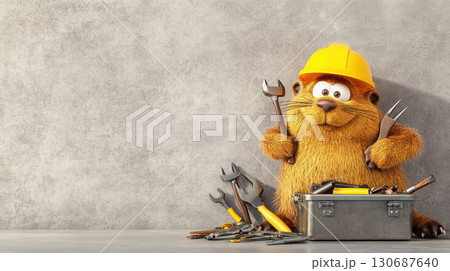 A sturdy beaver character in a yellow hard hat stands beside a toolbox and scattered tools against a gray industrial wall 130687640