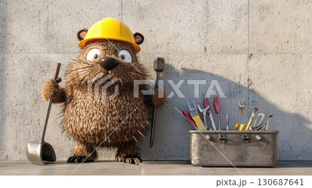 Sturdy beaver character in a yellow hard hat with a toolbox and hand tools 130687641
