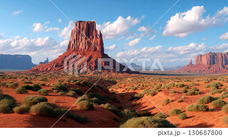 Majestic Red Rock Desert Landscape with Blue Sky and White Clouds in Monument Valley Majestic Red Rock Desert Landscape with Blue Sky and White Clouds in Monument Valley 130687800