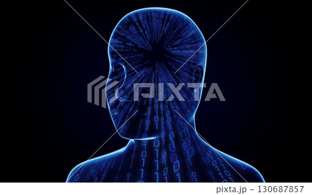 Geometrical man face with binary code - 3D illustration Geometrical man face with binary code - 3D illustration 130687857