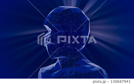 Geometrical wireframe man face and rays of light - 3D illustration 130687941