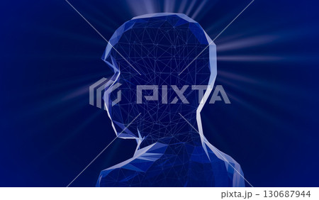 Geometrical wireframe man face and rays of light - 3D illustration Geometrical wireframe man face and rays of light - 3D illustration 130687944