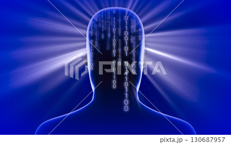 Geometrical man face with binary code and rays of light - 3D illustration 130687957