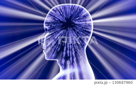 Geometrical man face with binary code and rays of light - 3D illustration 130687960