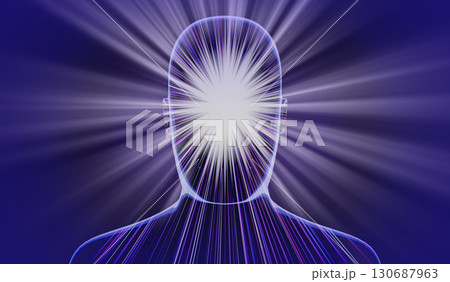 Geometrical man face with abstract lines and rays of light - 3D illustration 130687963