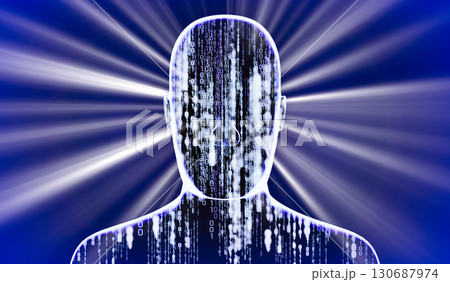 Geometrical man face with binary code and rays of light - 3D illustration 130687974